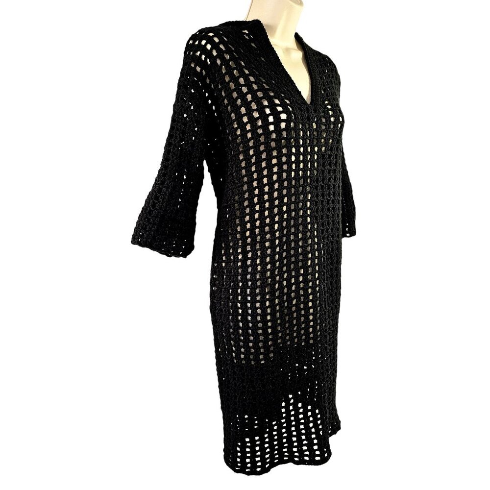Vintage 1970s Handmade Black Open Knit Crochet Overlay Dress 3/4 Sleeve M